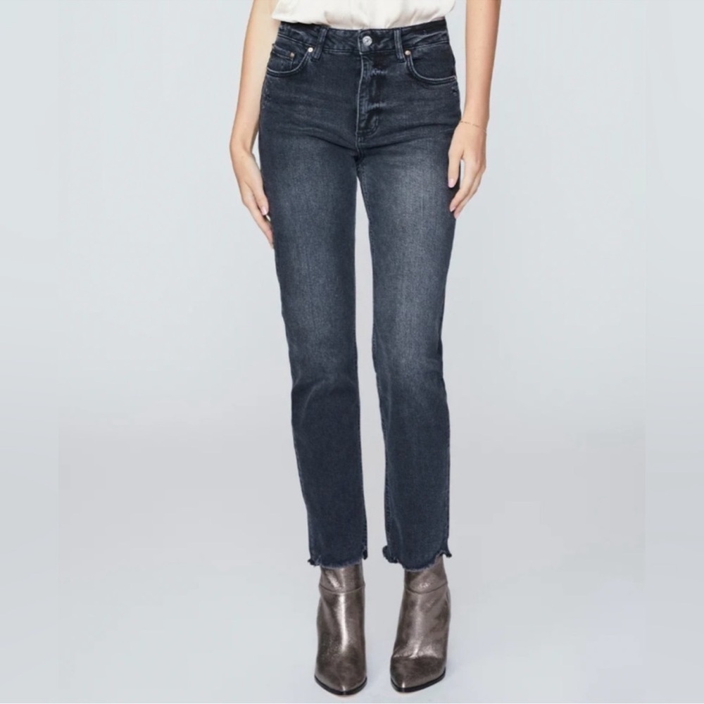 Paige Stella Jeans Straight High Rise Raw Hem Distressed Casual Denim Black 27